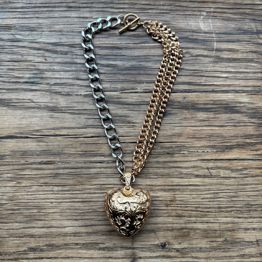 Puffy Heart Necklace Thick Gold & Silver Chain - Picture 3 of 7